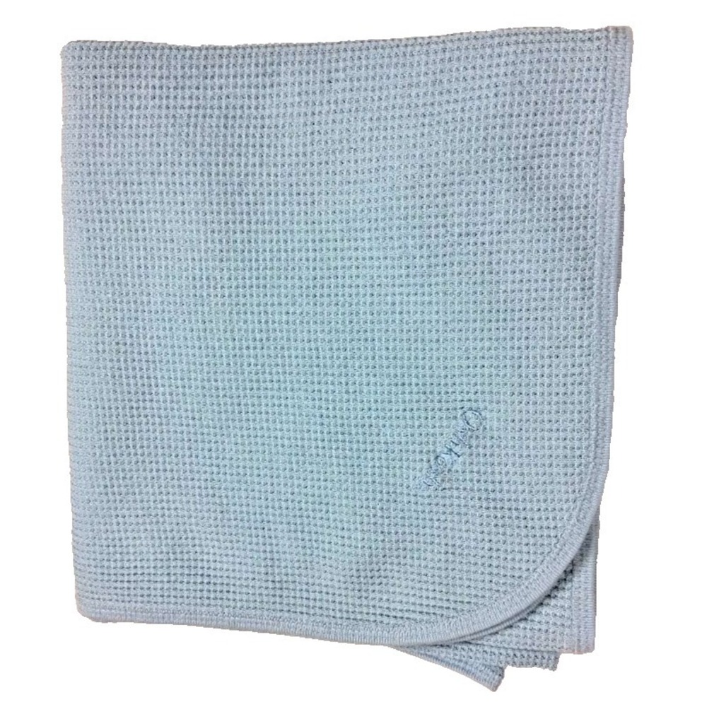 Oshkosh Blue Thermal Baby Blanket Soft Cotton htf Solid Embroidered 32x34 Boy